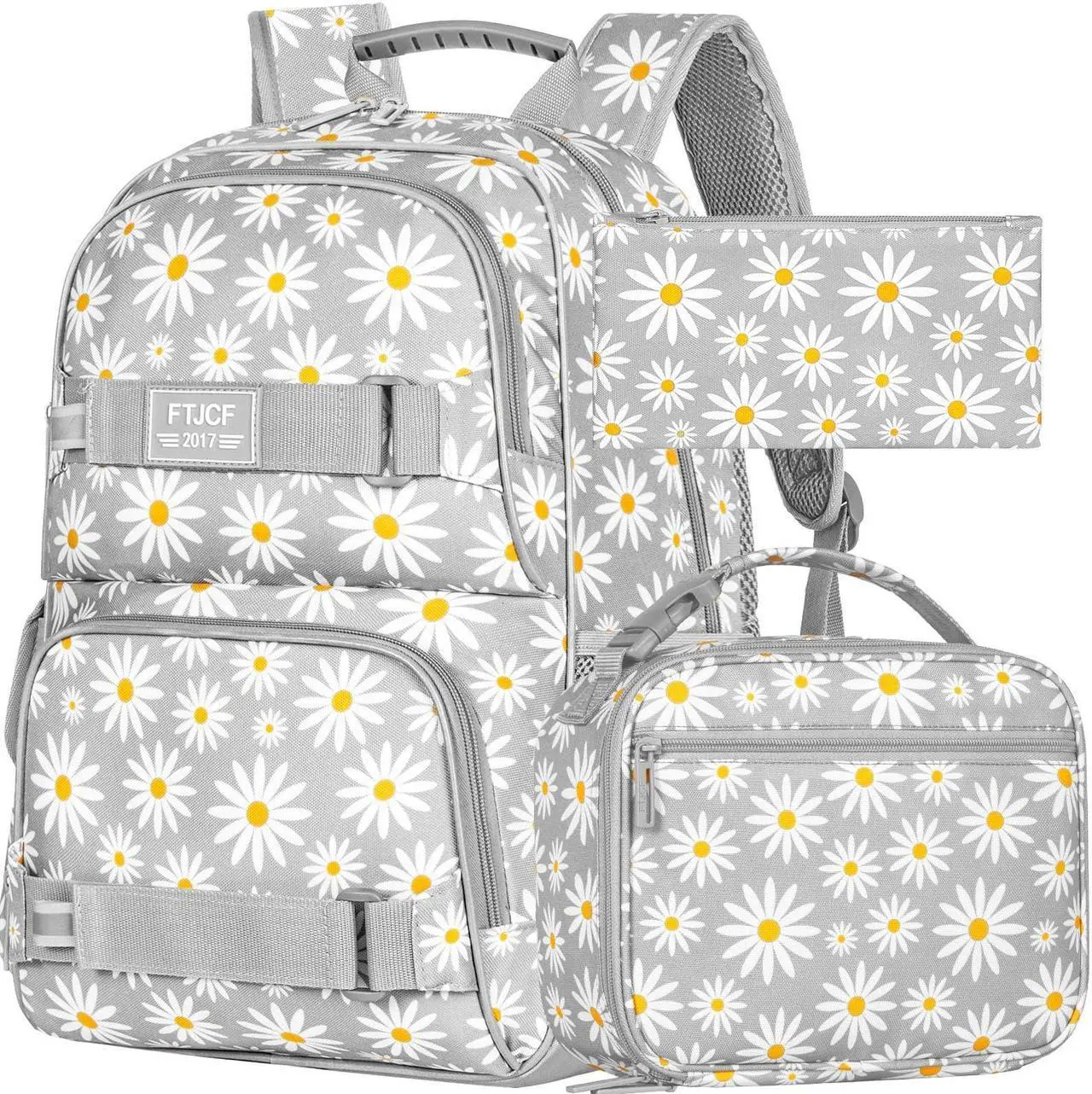Main image of AGSDON 3PCS Daisy Girls Backpack, 17 Inch Laptop School Bookbag Teen College Water Resistant Kids Backpacks with Lunch Box Set - Grey