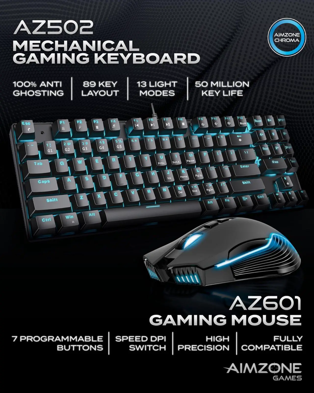 Alt view image 2 of 5 - Aimzone Keyboard and Mouse, Wired Ergonomic Gaming Keyboard and Mouse Combo, 80% Mechanical Keyboard, 89 Multimedia Keys, 6400 DPI Wired Gaming Mouse for Laptop, Computer, PC, Black Gamer Mouse w. LED