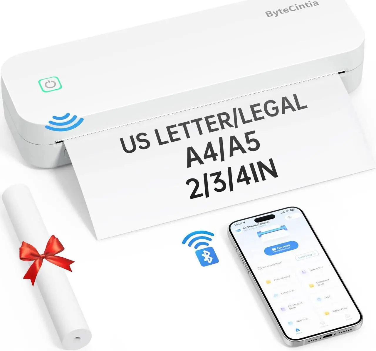 Main image of ByteCintia Portable Printer for Travel, Bluetooth Thermal Printer Supports 8.5 x 11 Inch US Letter Size, Compatible with Android and iOS & Laptop Inkless Mobile for Office, Car, School