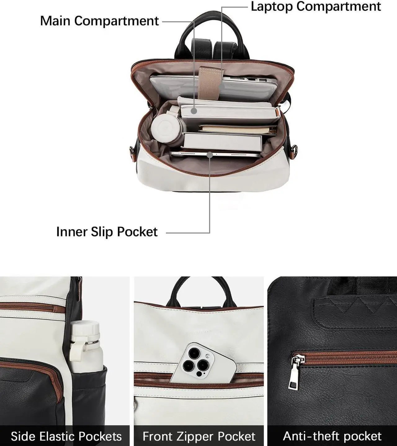 Alt view image 3 of 5 - BOSTANTEN Leather Laptop Backpack for Women Designer Travel Backpack with Laptop Compartment Ladies Computer Shoulder Bags Black&Beige&Brown