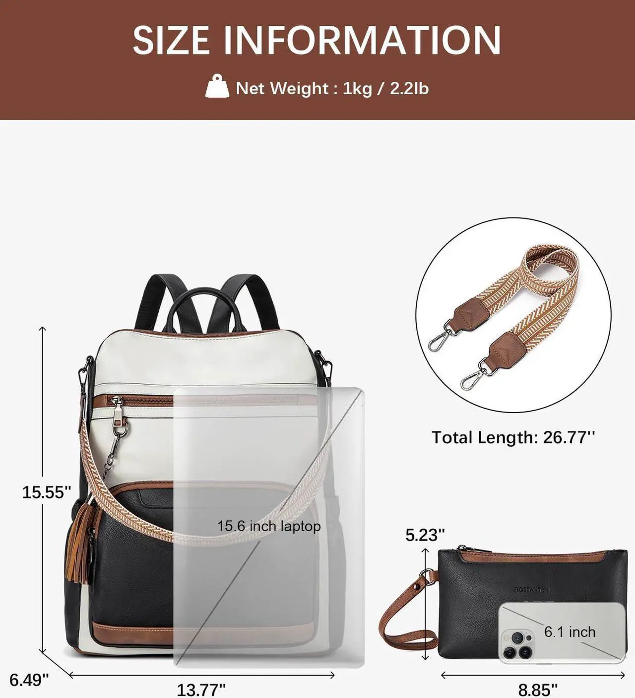 Alt view image 4 of 5 - BOSTANTEN Leather Laptop Backpack for Women Designer Travel Backpack with Laptop Compartment Ladies Computer Shoulder Bags Black&Beige&Brown