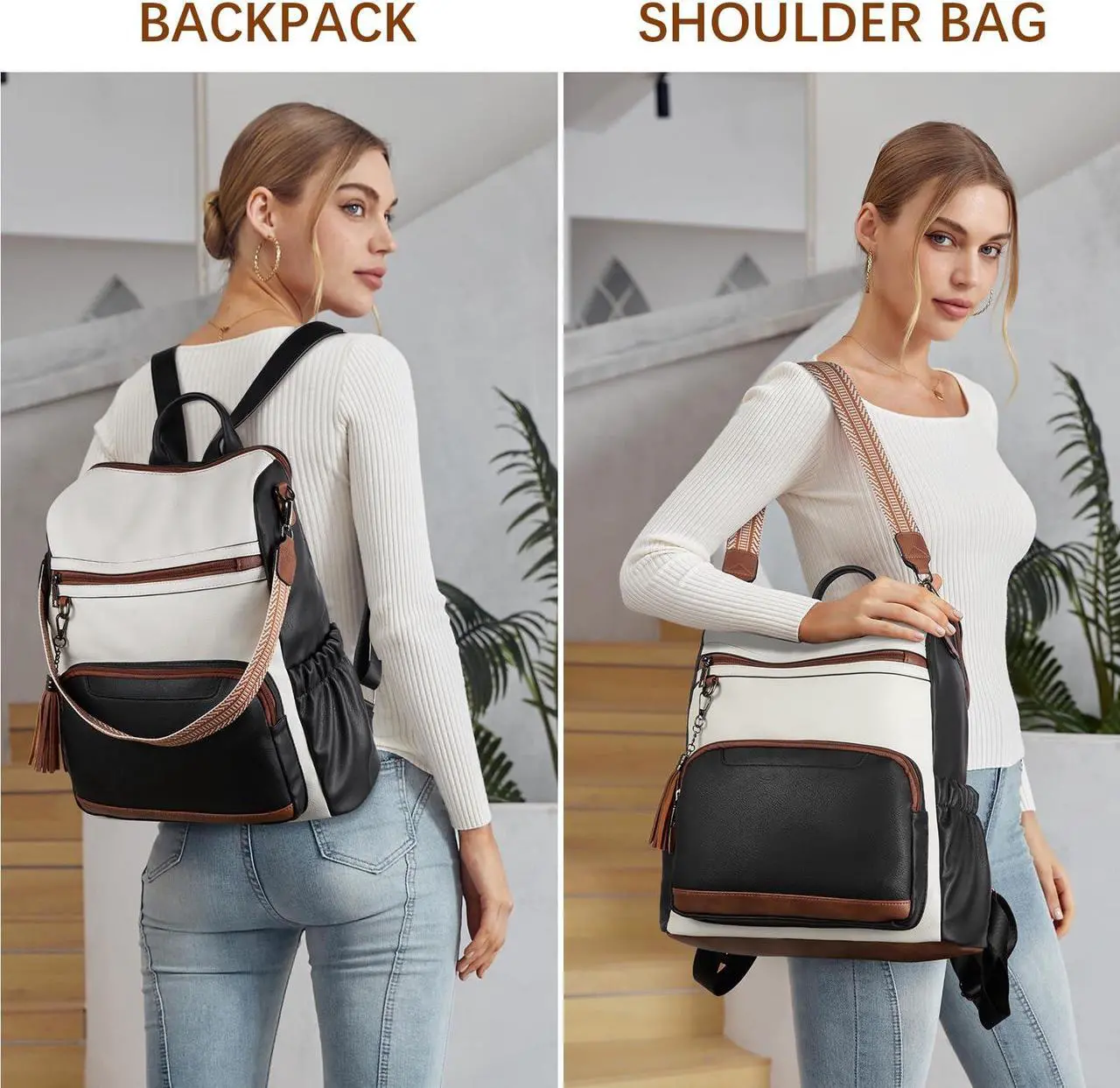 Alt view image 2 of 5 - BOSTANTEN Leather Laptop Backpack for Women Designer Travel Backpack with Laptop Compartment Ladies Computer Shoulder Bags Black&Beige&Brown