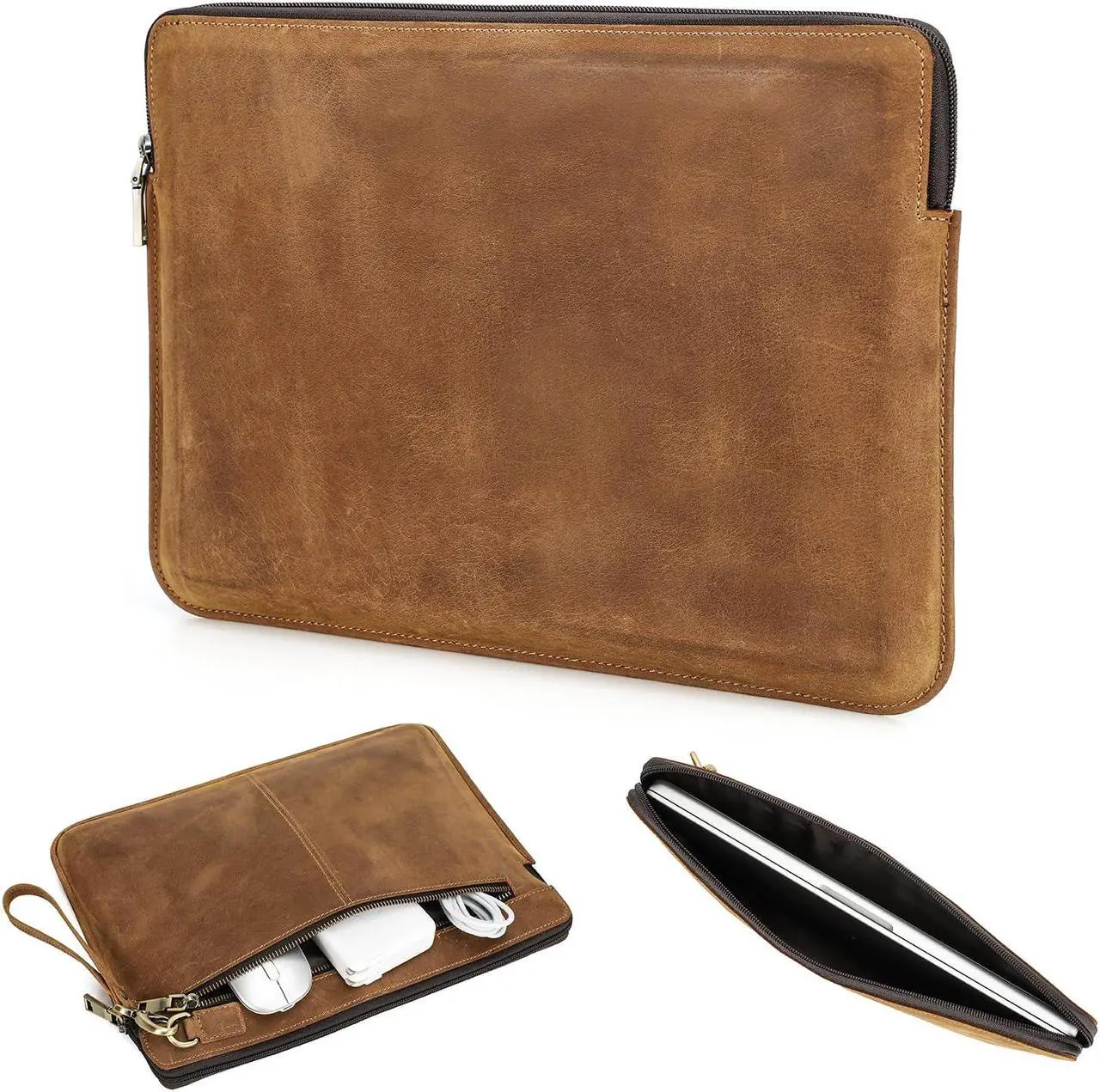 Main image of CataPurus Top Grain Leather 13.3" Slim Laptop Sleeve Bag, Vintage Design with 2 Zip Pockets, Fully Handmade, Compatible with MacBook Pro 13.3" MacBook Air 2022 DELL XPS 13" & other PC, Brown 13.3 Inch