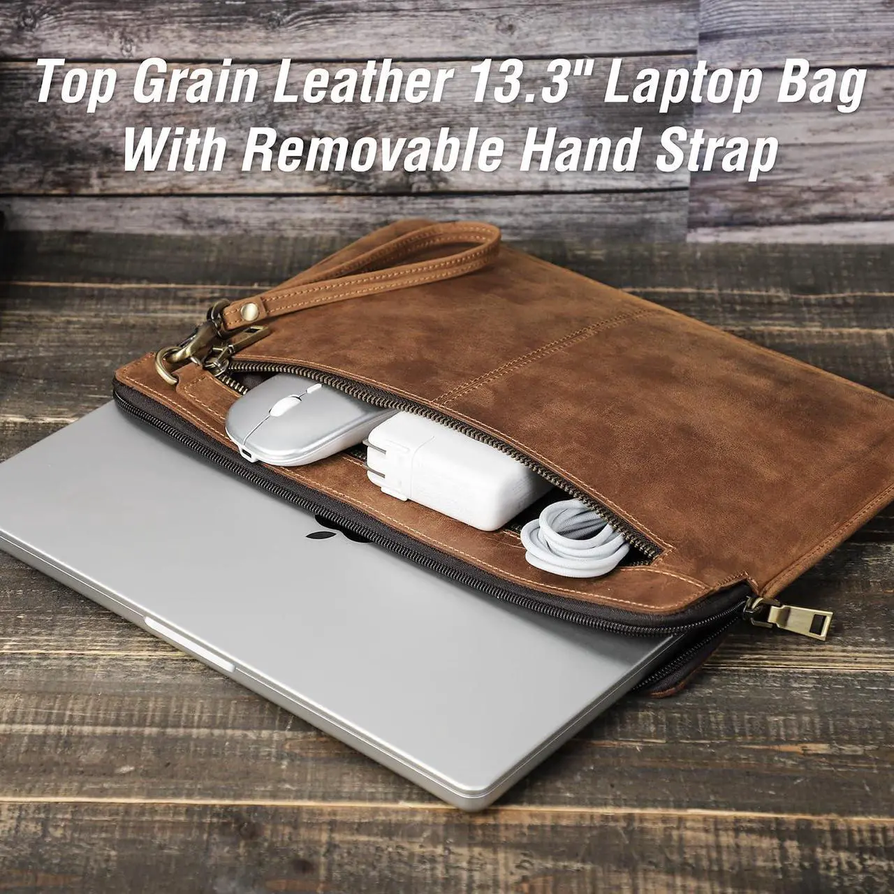 Alt view image 3 of 5 - CataPurus Top Grain Leather 13.3" Slim Laptop Sleeve Bag, Vintage Design with 2 Zip Pockets, Fully Handmade, Compatible with MacBook Pro 13.3" MacBook Air 2022 DELL XPS 13" & other PC, Brown 13.3 Inch