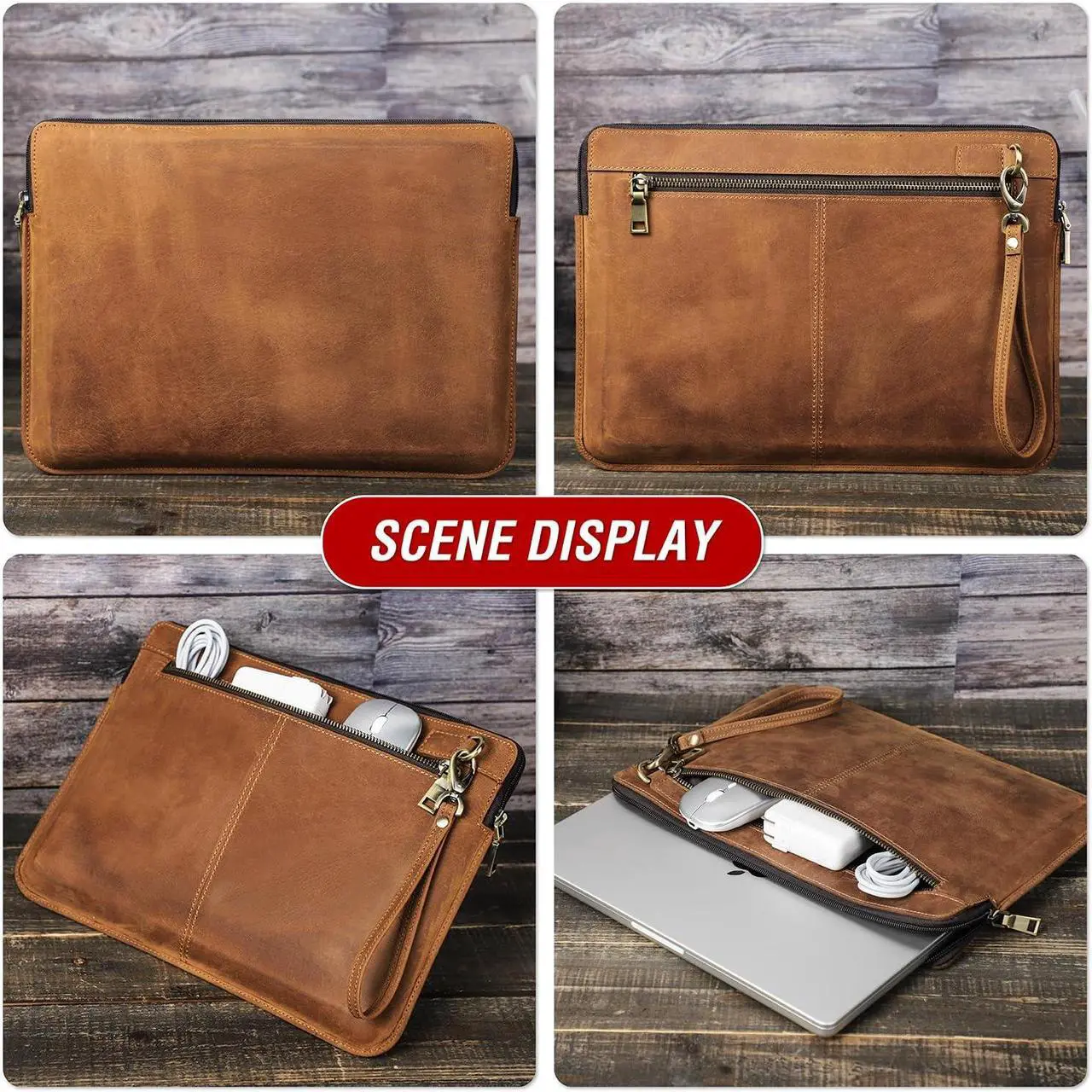 Alt view image 2 of 5 - CataPurus Top Grain Leather 13.3" Slim Laptop Sleeve Bag, Vintage Design with 2 Zip Pockets, Fully Handmade, Compatible with MacBook Pro 13.3" MacBook Air 2022 DELL XPS 13" & other PC, Brown 13.3 Inch