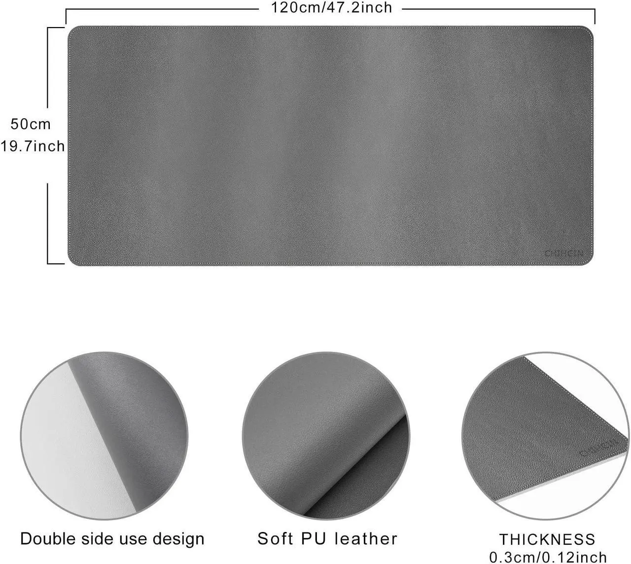 Alt view image 2 of 5 - Chihein 47" x 20" Desk Mat with PU Leather, Large Gaming Mouse Pad, Double-Sided Use Desk Blotter for Work, Home,Gaming (Gray/White)