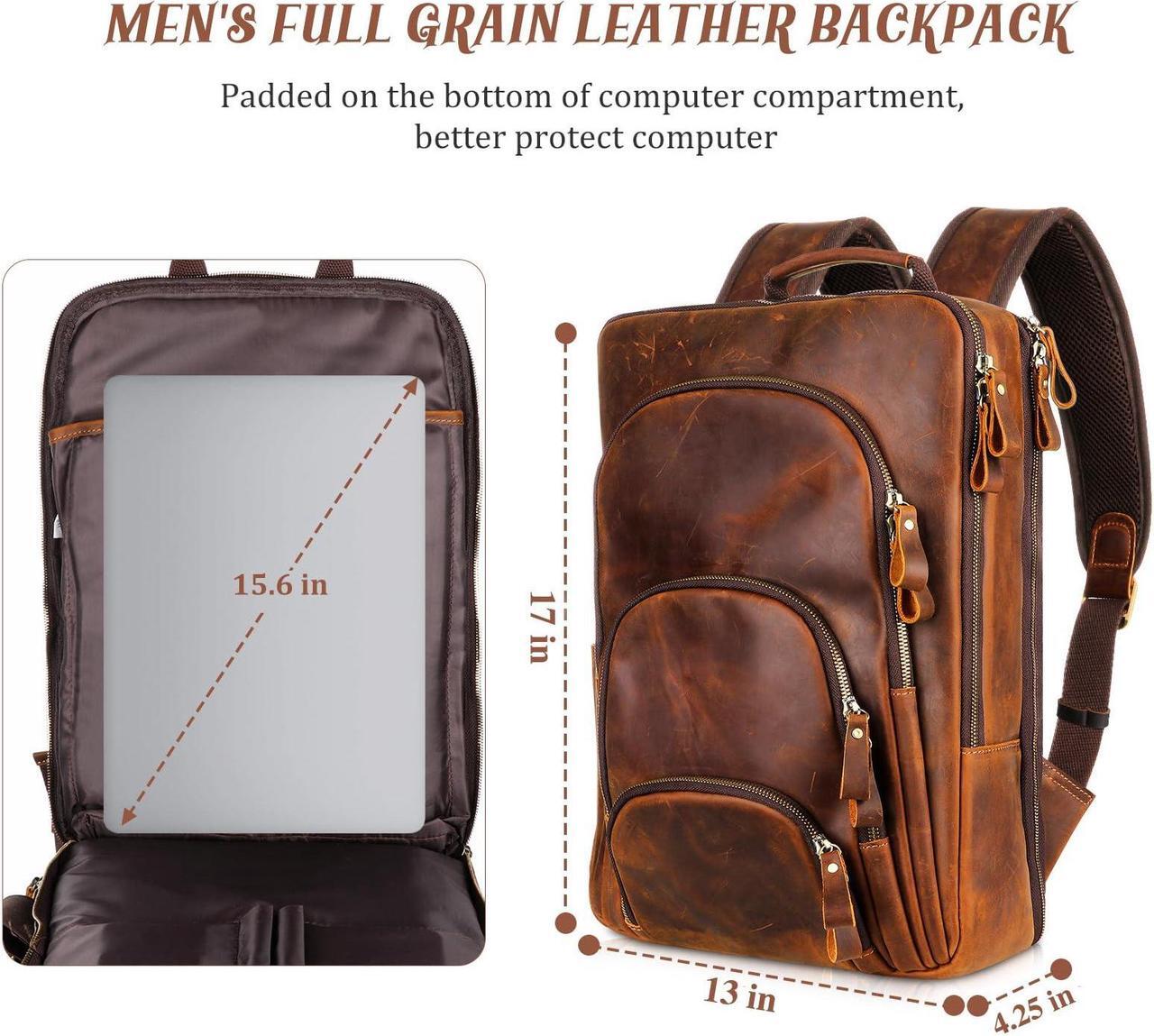 Alt view image 2 of 5 - Fshsup Full Grain Leather Backpack 15.6" Laptop Bag Men's Vintage Genuine Leather Business Backpack Travel Hiking Camping Rucksack Overnight Weekender Daypack