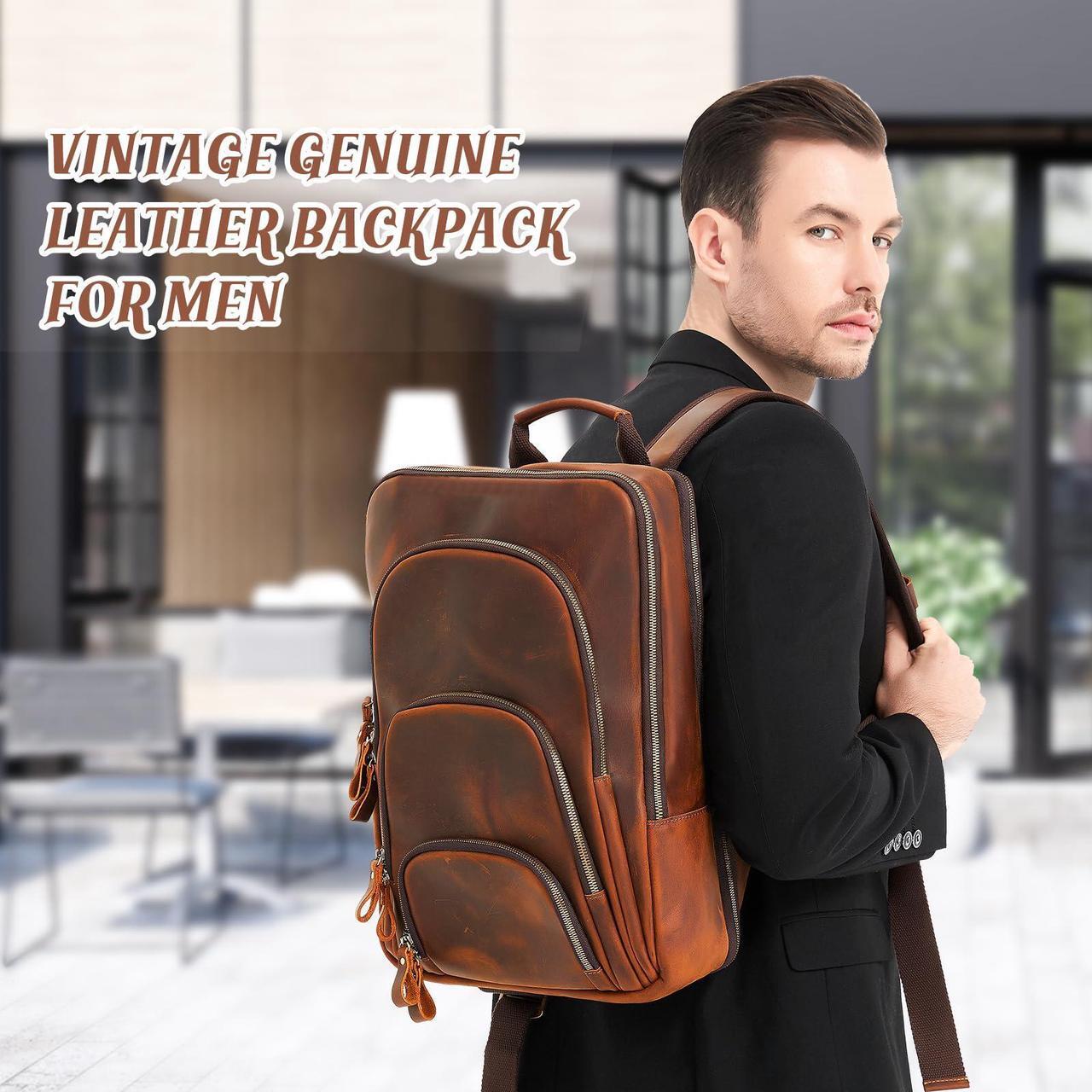Alt view image 3 of 5 - Fshsup Full Grain Leather Backpack 15.6" Laptop Bag Men's Vintage Genuine Leather Business Backpack Travel Hiking Camping Rucksack Overnight Weekender Daypack