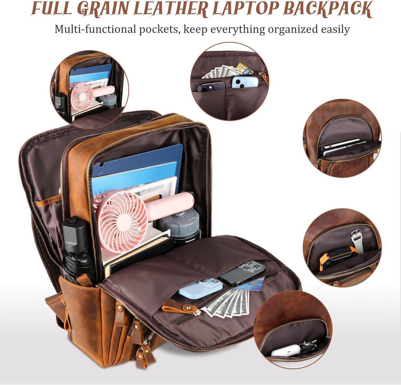 Alt view image 4 of 5 - Fshsup Full Grain Leather Backpack 15.6" Laptop Bag Men's Vintage Genuine Leather Business Backpack Travel Hiking Camping Rucksack Overnight Weekender Daypack
