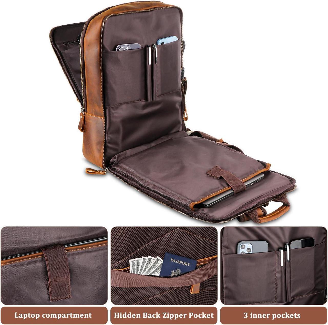 Alt view image 5 of 5 - Fshsup Full Grain Leather Backpack 15.6" Laptop Bag Men's Vintage Genuine Leather Business Backpack Travel Hiking Camping Rucksack Overnight Weekender Daypack