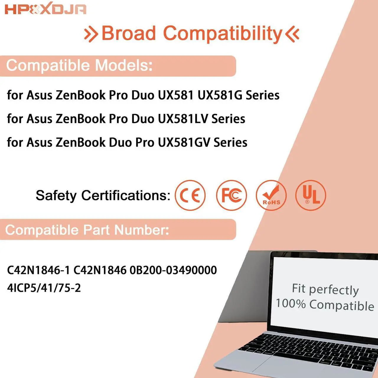 Alt view image 5 of 5 - HPXXDJA C42N1846 Laptop Battery Compatible with ASUS ZenBook Pro Duo UX581 UX581G UX581GV UX581LV Series C42N1846-1 UX581GV- H2001T UX581GV- H2002T UX581GV- XB74T UX581LV-H2002R