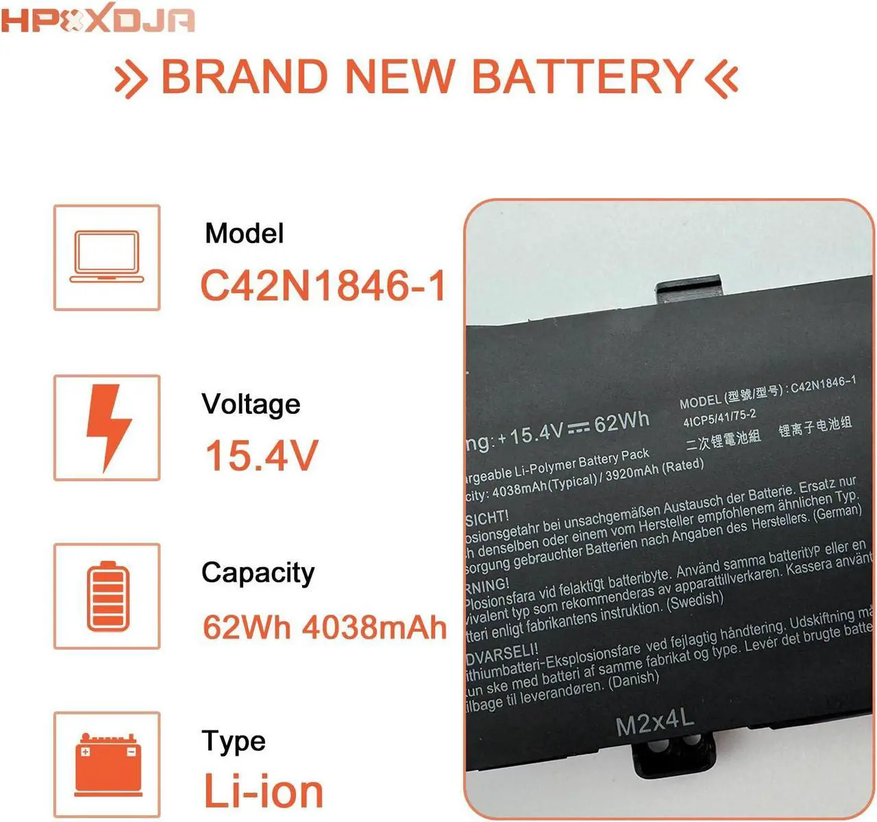 Alt view image 2 of 5 - HPXXDJA C42N1846 Laptop Battery Compatible with ASUS ZenBook Pro Duo UX581 UX581G UX581GV UX581LV Series C42N1846-1 UX581GV- H2001T UX581GV- H2002T UX581GV- XB74T UX581LV-H2002R