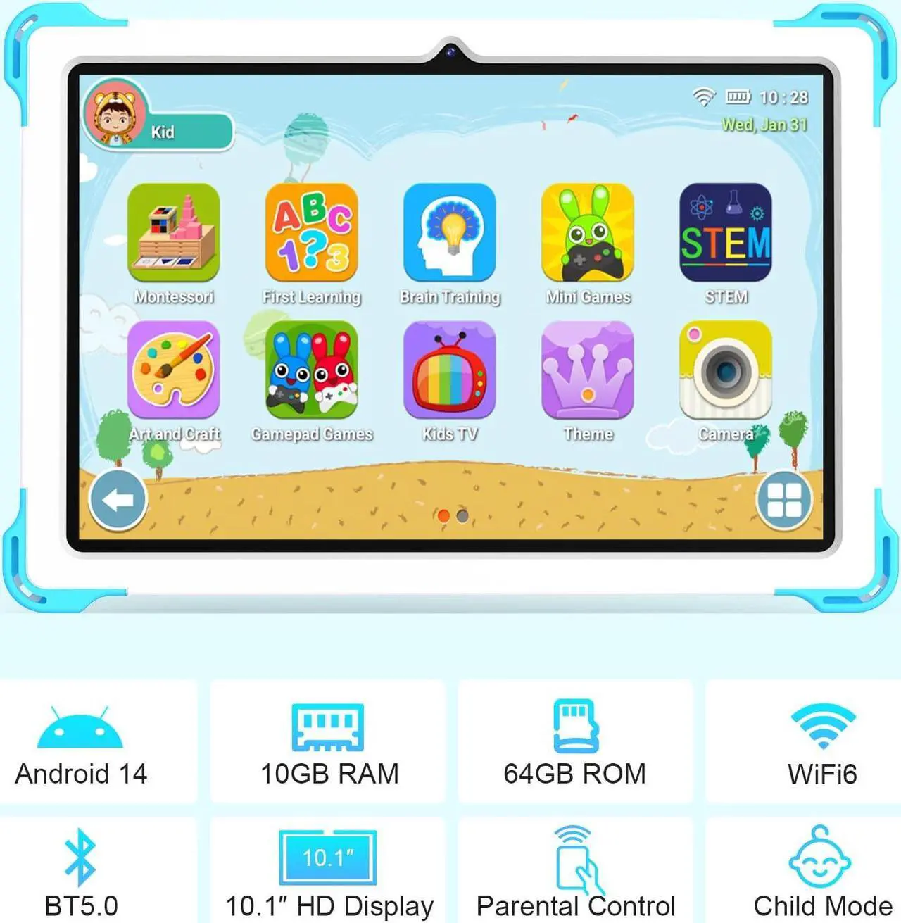 Alt view image 2 of 5 - YATIOM Kids Tablet 10 inch Android 14 Tablet for Kids Octa-Core 10+64GB GMS Certified Learning Tablet with WiFi 6, Bluetooth 5.2, Dual Camera, Parental Control Child Tablet with Drop-Proof Case