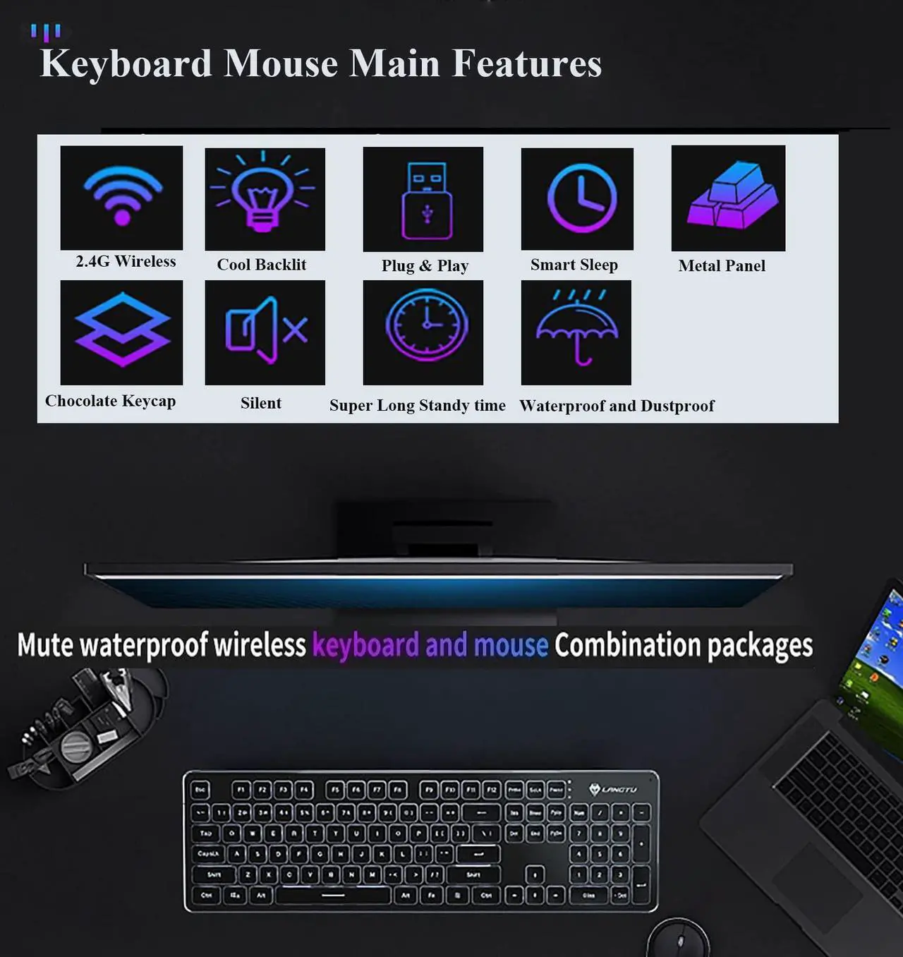Alt view image 2 of 5 - Wireless Keyboard and Mouse Combo Backlit,Rechargeable 104-Key Full Sized Menbrane Keyboard and Silent Mice Set,2.4Ghz Connection,Ergonomic,Home Office Gamer Use (Black with White Light)
