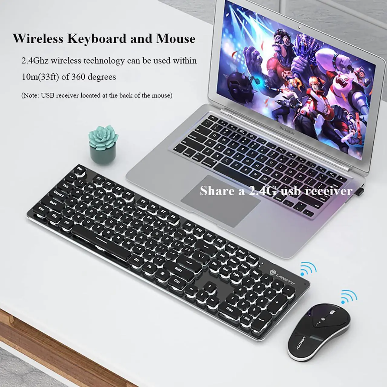 Alt view image 3 of 5 - Wireless Keyboard and Mouse Combo Backlit,Rechargeable 104-Key Full Sized Menbrane Keyboard and Silent Mice Set,2.4Ghz Connection,Ergonomic,Home Office Gamer Use (Black with White Light)