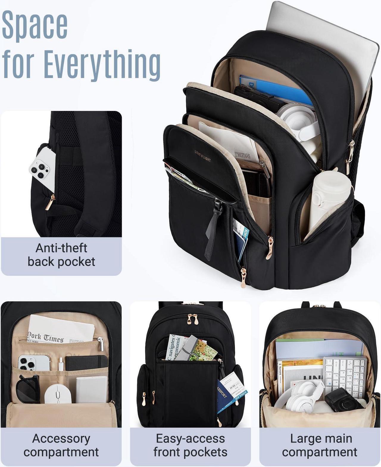 Alt view image 3 of 5 - LIGHT FLIGHT Laptop Backpack for Women, 15.6 Inch Work Bag Business Backpack with laptop compartment, Water Resistant Travel Bags Casual Daypacks for College, Large Capacity Backpacks for Travel-Black