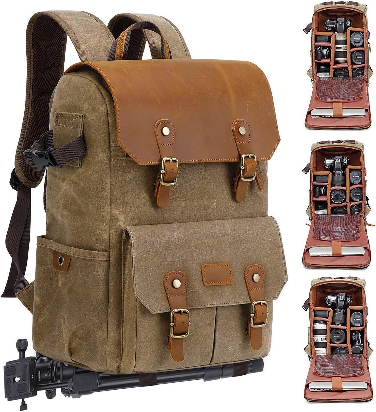 Main image of JAEP Camera Backpack - Weather Resistant 16 Ounces Waxed Memory Canvas - DSLR SLR Backpacks with 15.6" laptop sleeve compartment and Tripod Holder for Photographers -Vintage leather Style (Khaki)