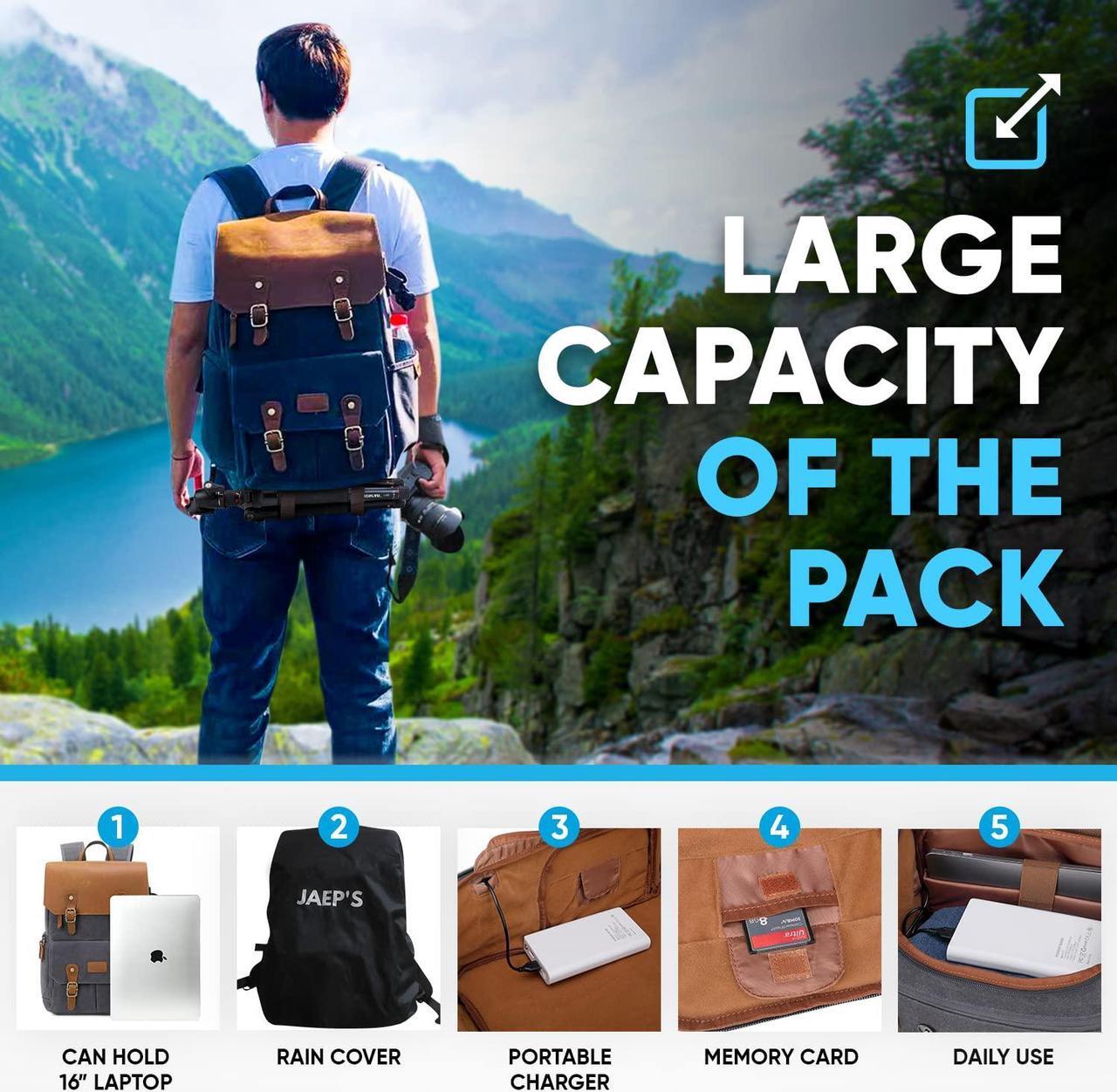 Alt view image 2 of 5 - JAEP Camera Backpack - Weather Resistant 16 Ounces Waxed Memory Canvas - DSLR SLR Backpacks with 15.6" laptop sleeve compartment and Tripod Holder for Photographers -Vintage leather Style (Khaki)