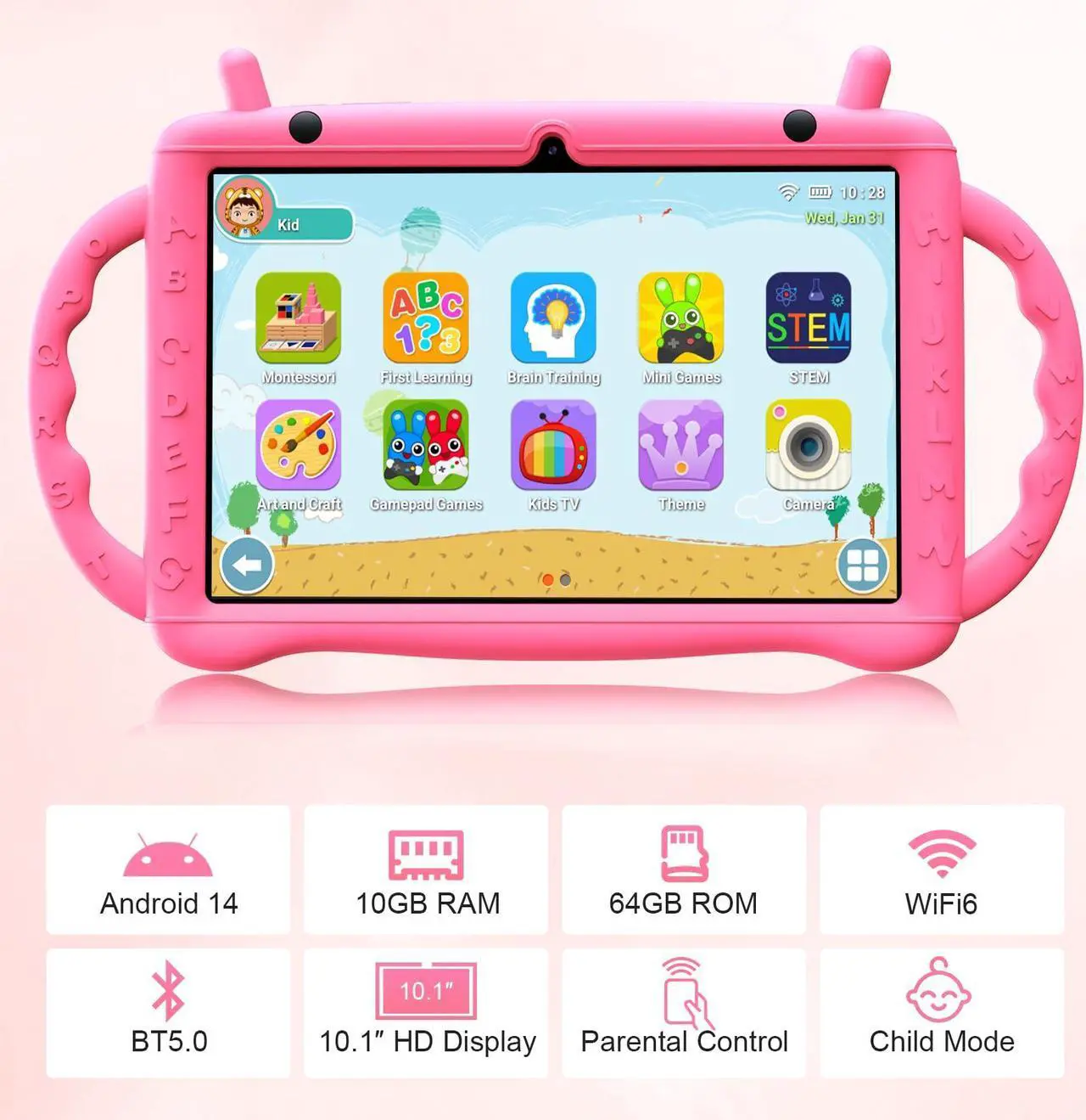 Alt view image 2 of 5 - YATIOM Kids Tablet 10 inch Android 14 with Drop-Proof Case, Octa-Core 10+64GB GMS Certified Learning Tablets with WiFi 6, Bluetooth 5.2, Dual Camera, Parental Control