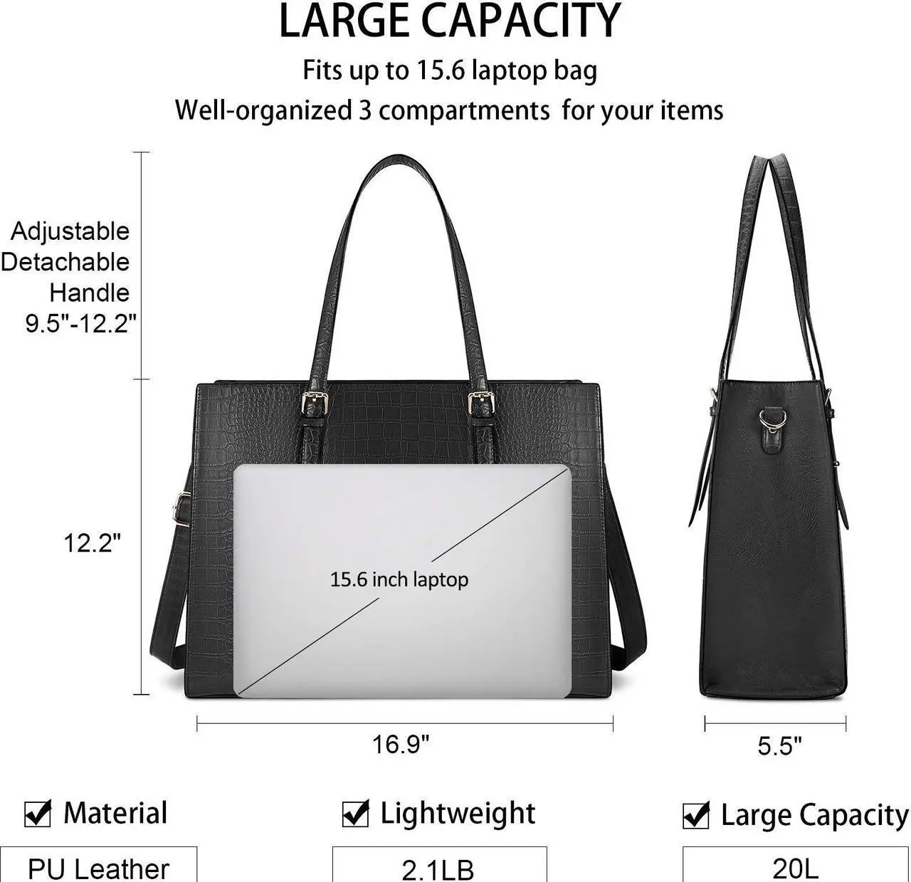 Alt view image 4 of 5 - Laptop Bag for Women 15.6 Inch Laptop Tote Bag Leather Classy Computer Briefcase for Work Waterproof Handbag Professional Shoulder Bag Women Business Office Bag Large Capacity Black