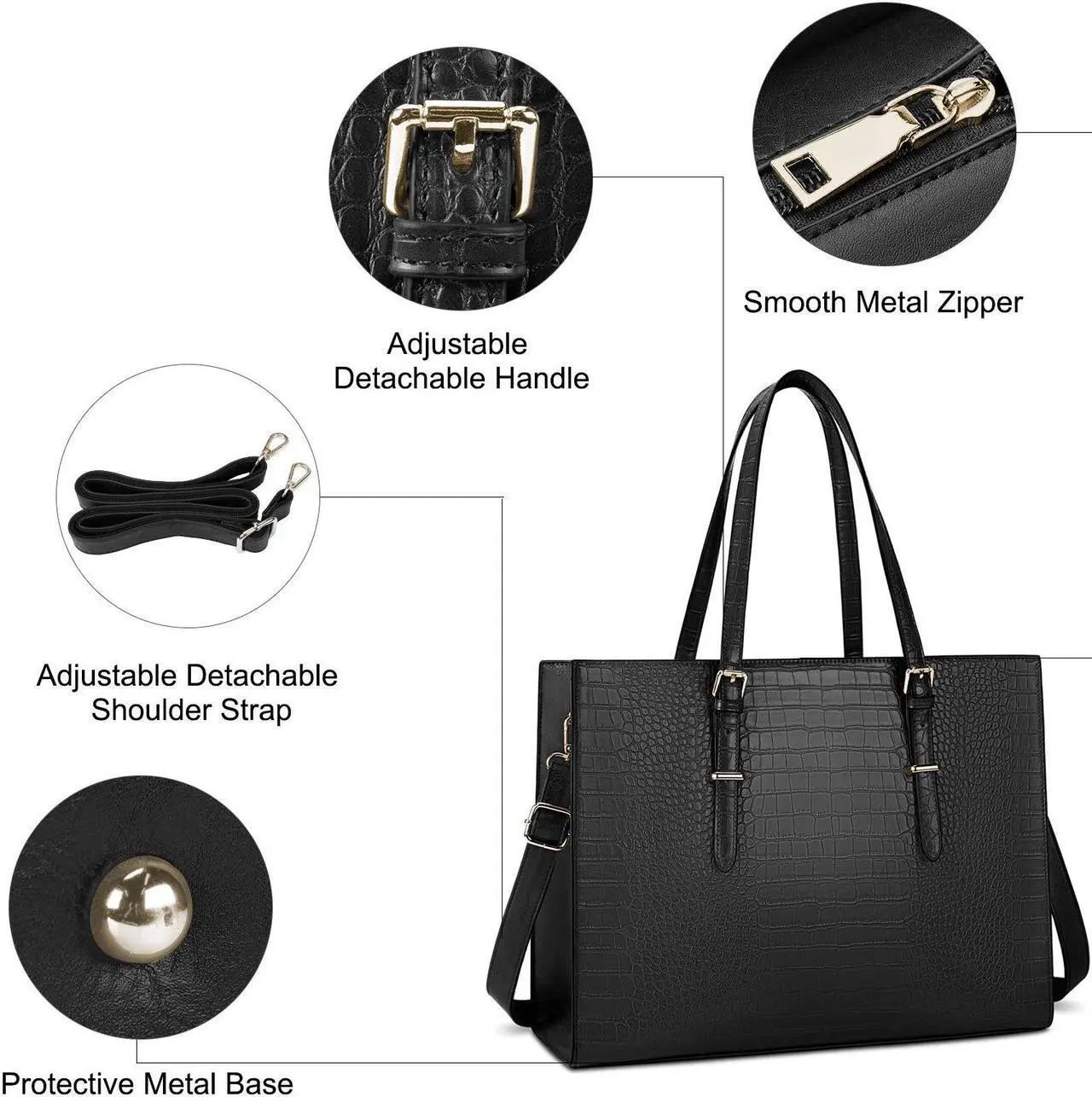Alt view image 3 of 5 - Laptop Bag for Women 15.6 Inch Laptop Tote Bag Leather Classy Computer Briefcase for Work Waterproof Handbag Professional Shoulder Bag Women Business Office Bag Large Capacity Black