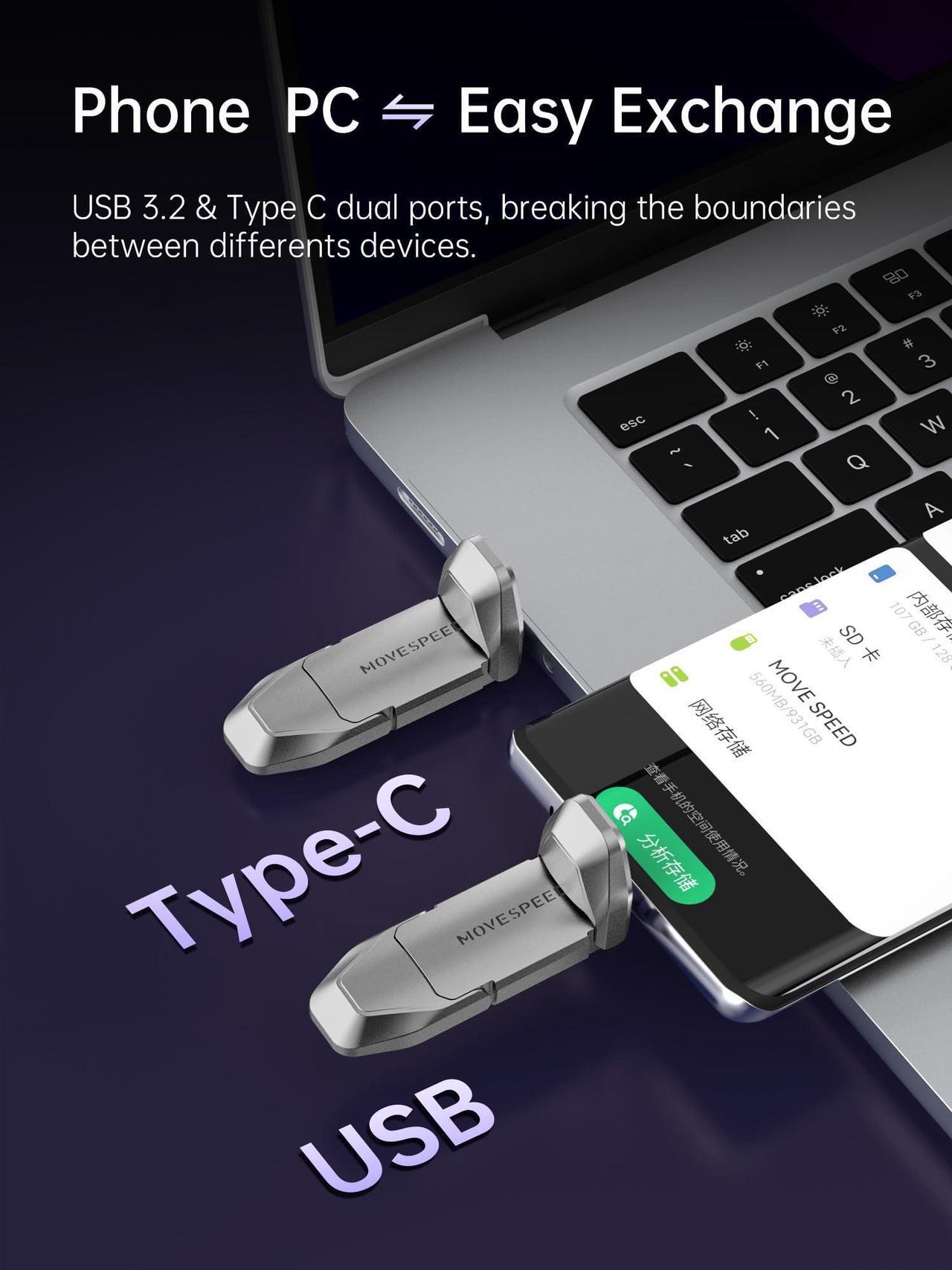 Alt view image 3 of 5 - MOVE SPEED 4TB USB C Flash Drive, 1088MB/s Read Speed, Dual Interface USB 3.2 Gen2+Type C SSD USB Drive with Keychain Leather Case Thumb Drive for iPhone 15 Series/MacBook/Android Phone etc