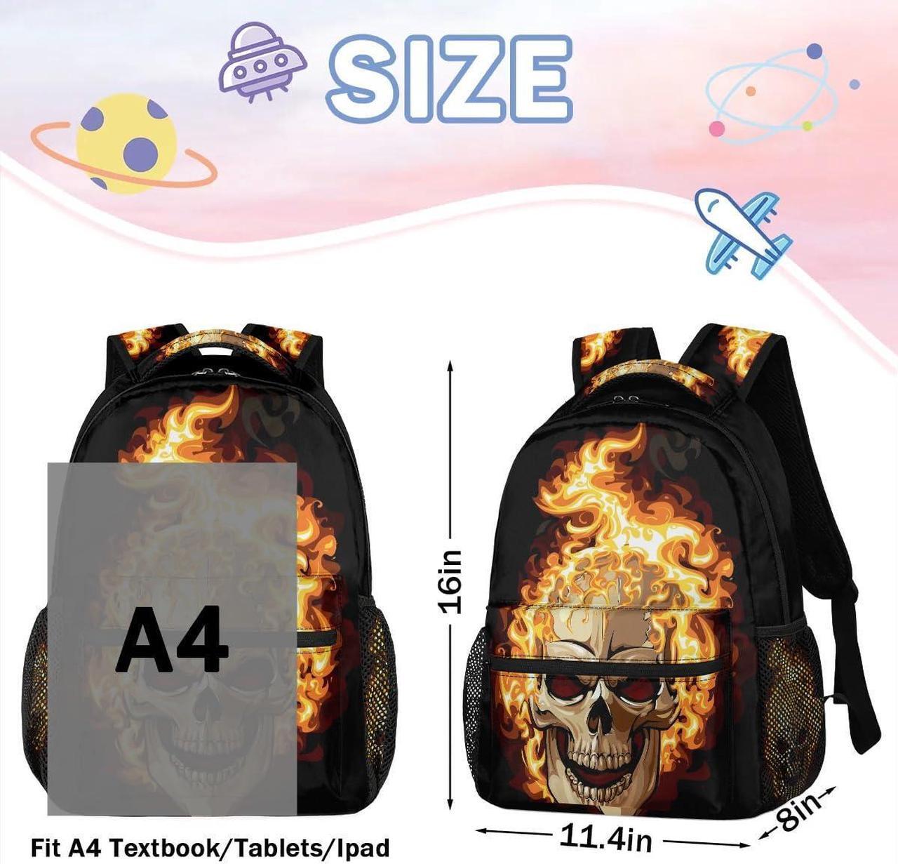 Alt view image 3 of 5 - Funny Fire Gothic Skull Backpack for Girls Boys Kids 16inch Laptop Backpacks Lightweight Waterproof School Bookbag Travel Daypack Computer College Bag Gym Rucksack for Work School Women Men