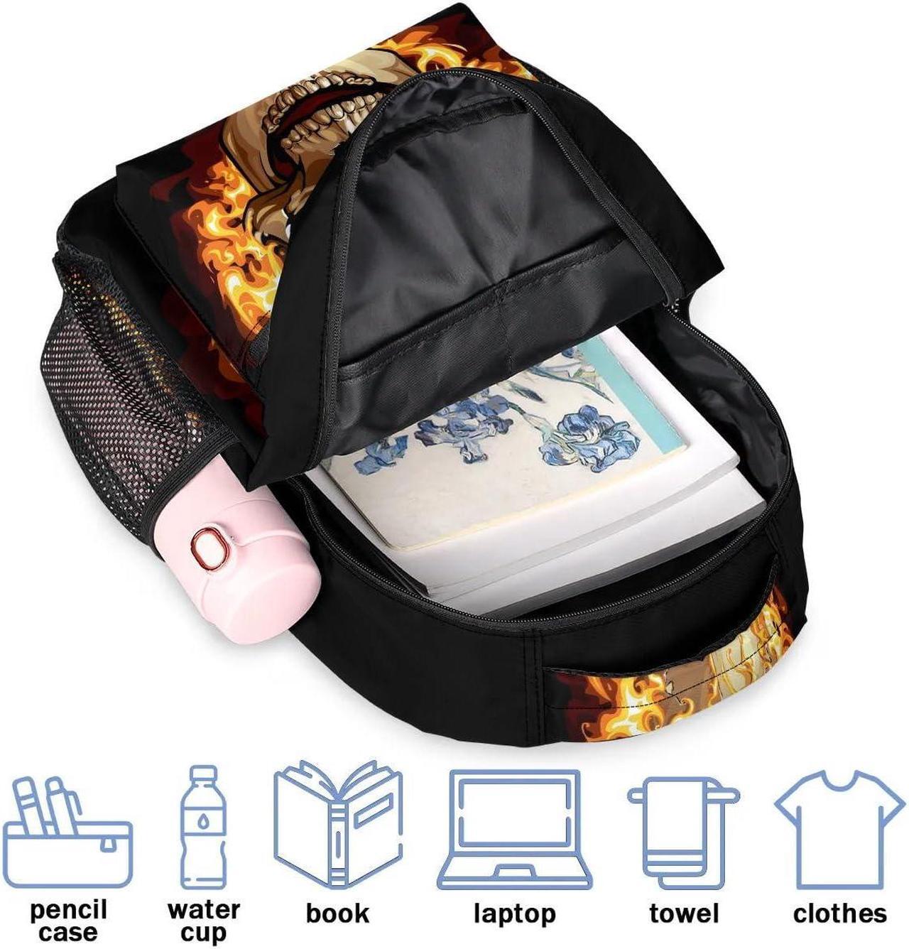Alt view image 5 of 5 - Funny Fire Gothic Skull Backpack for Girls Boys Kids 16inch Laptop Backpacks Lightweight Waterproof School Bookbag Travel Daypack Computer College Bag Gym Rucksack for Work School Women Men