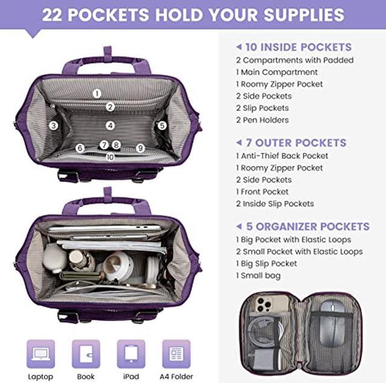Alt view image 3 of 5 - LOVEVOOK 17 inch Laptop Backpack for Women, Teacher Nurse Work Travel Backpacks Purse,Computer Bag with USB Charging Port, Purple