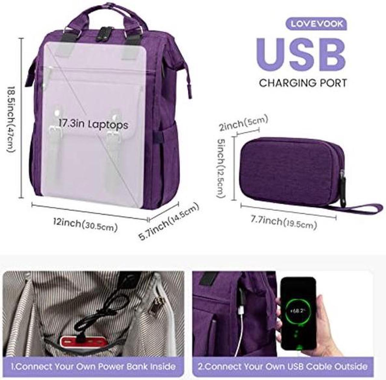 Alt view image 4 of 5 - LOVEVOOK 17 inch Laptop Backpack for Women, Teacher Nurse Work Travel Backpacks Purse,Computer Bag with USB Charging Port, Purple