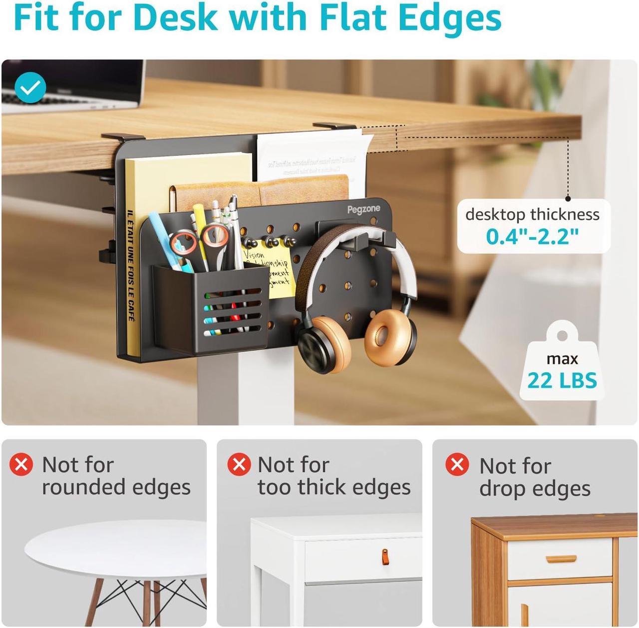 Alt view image 2 of 5 - PEGZONE Desk Side Storage Organizer, No Drill Under Desk Laptop Holder, Clamp on Desk Shelf with Pegboard Accessories, Hanging Laptop Mount, Fits Flat Edge Desks 0.4" to 2.2", Black