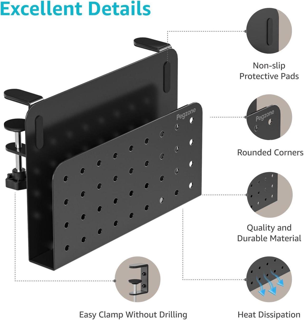 Alt view image 3 of 5 - PEGZONE Desk Side Storage Organizer, No Drill Under Desk Laptop Holder, Clamp on Desk Shelf with Pegboard Accessories, Hanging Laptop Mount, Fits Flat Edge Desks 0.4" to 2.2", Black