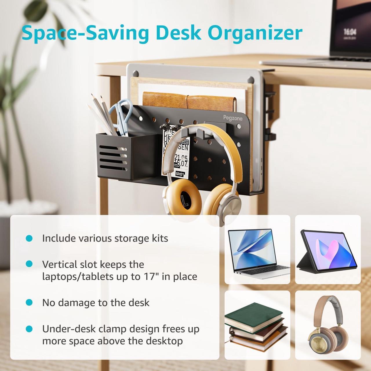 Alt view image 4 of 5 - PEGZONE Desk Side Storage Organizer, No Drill Under Desk Laptop Holder, Clamp on Desk Shelf with Pegboard Accessories, Hanging Laptop Mount, Fits Flat Edge Desks 0.4" to 2.2", Black