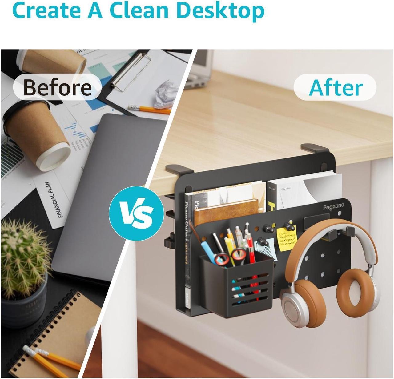 Alt view image 5 of 5 - PEGZONE Desk Side Storage Organizer, No Drill Under Desk Laptop Holder, Clamp on Desk Shelf with Pegboard Accessories, Hanging Laptop Mount, Fits Flat Edge Desks 0.4" to 2.2", Black