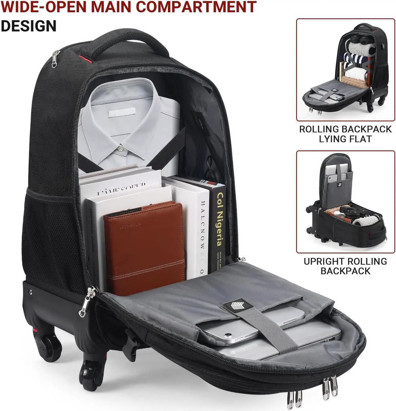 Alt view image 2 of 5 - Rolling Backpack with 4 Extra Wheels - Water-Resistant, Airline Approved Underseat Travel Luggage, Ideal 18*14*8 Personal Item Suitcase, Wheeled Backpack, Roller Backpack,Rolling Laptop Bag