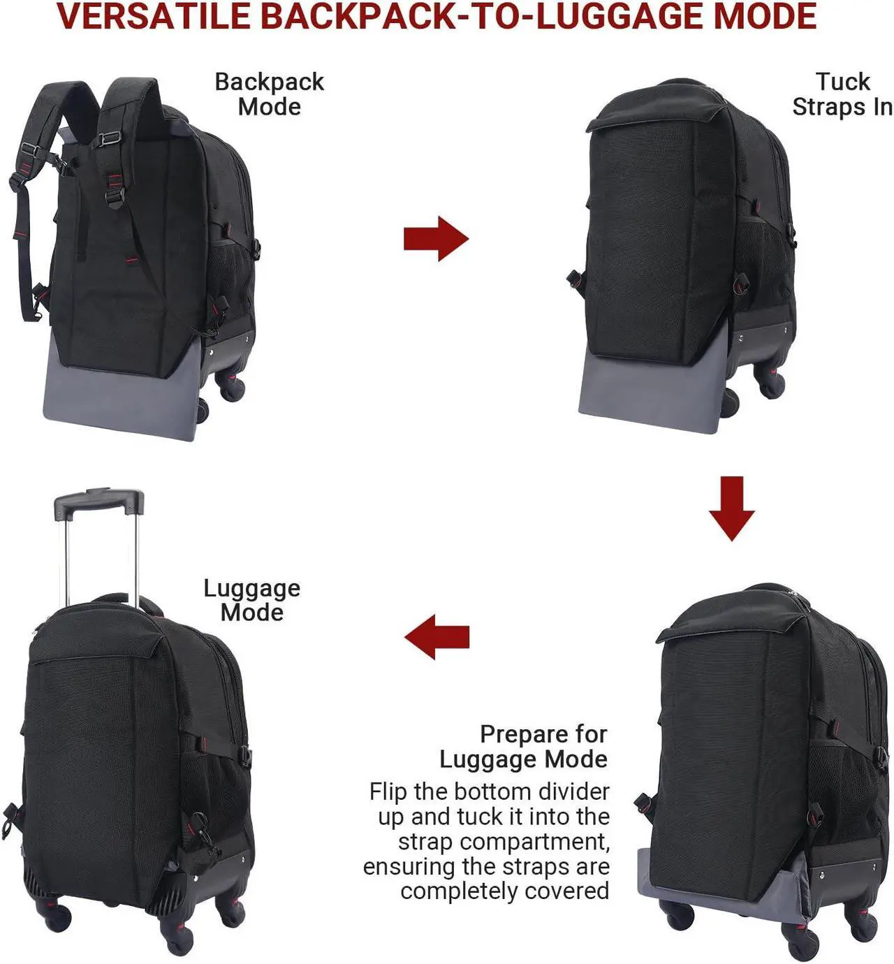Alt view image 5 of 5 - Rolling Backpack with 4 Extra Wheels - Water-Resistant, Airline Approved Underseat Travel Luggage, Ideal 18*14*8 Personal Item Suitcase, Wheeled Backpack, Roller Backpack,Rolling Laptop Bag