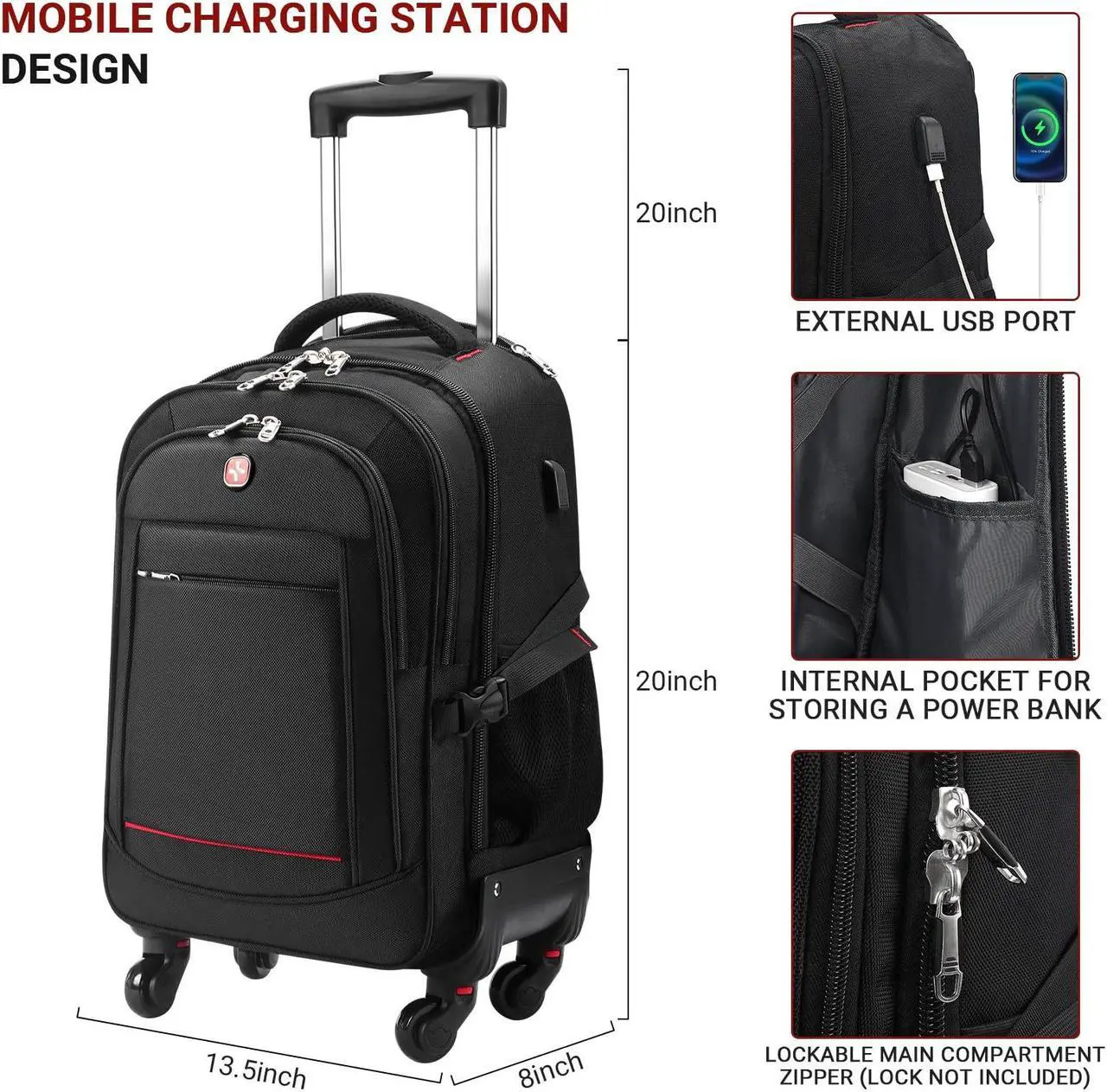 Alt view image 4 of 5 - Rolling Backpack with 4 Extra Wheels - Water-Resistant, Airline Approved Underseat Travel Luggage, Ideal 18*14*8 Personal Item Suitcase, Wheeled Backpack, Roller Backpack,Rolling Laptop Bag