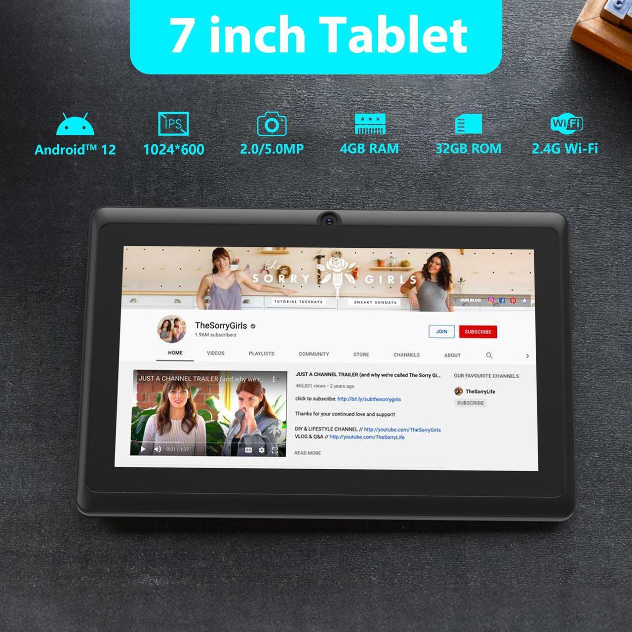 Alt view image 3 of 5 - PEICHENG Android 12 tablet 7 inch, 4GB RAM 32GB ROM Tablets, Quad-Core 1.5GHz Processor, Dual Camera,1024 x 600 IPS HD Display Screen,512GB Expand, WiFi, BT, 7" Tablet Black