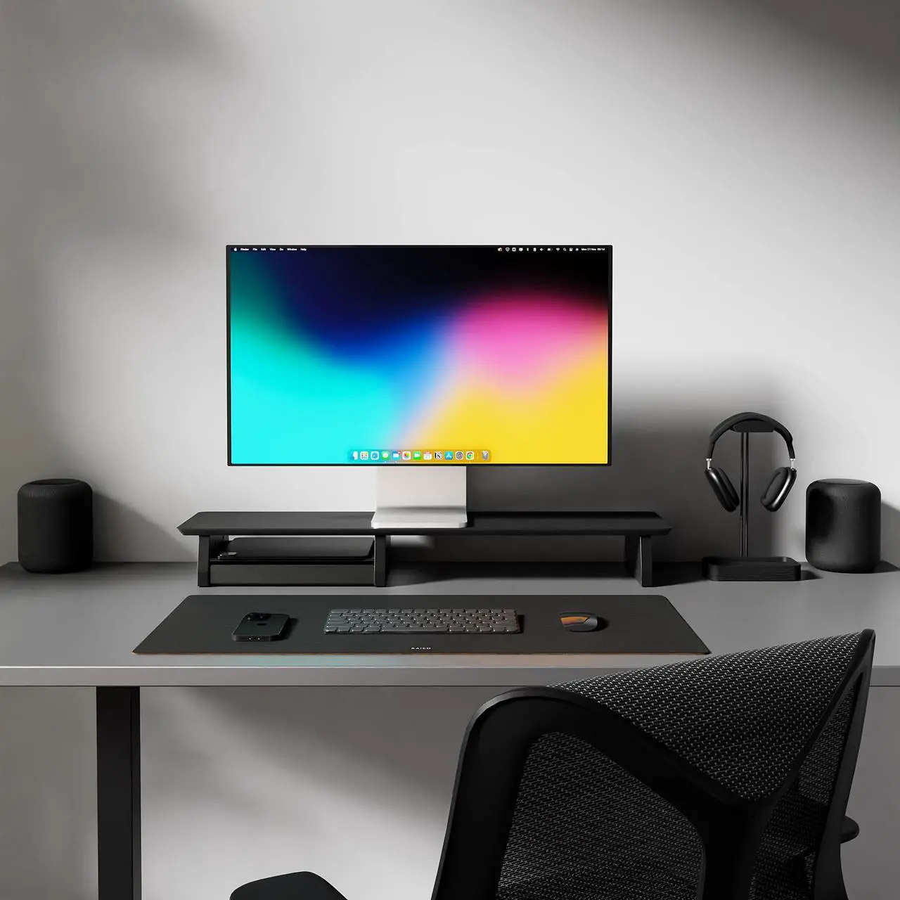 Alt view image 2 of 5 - Desk Shelf Monitor Stand System for Dual Screen Setup Matte Black Wood Large for Office Wooden iMac Riser Large Desk Organizer Unit (Black Wood, Medium | 36 Inches)