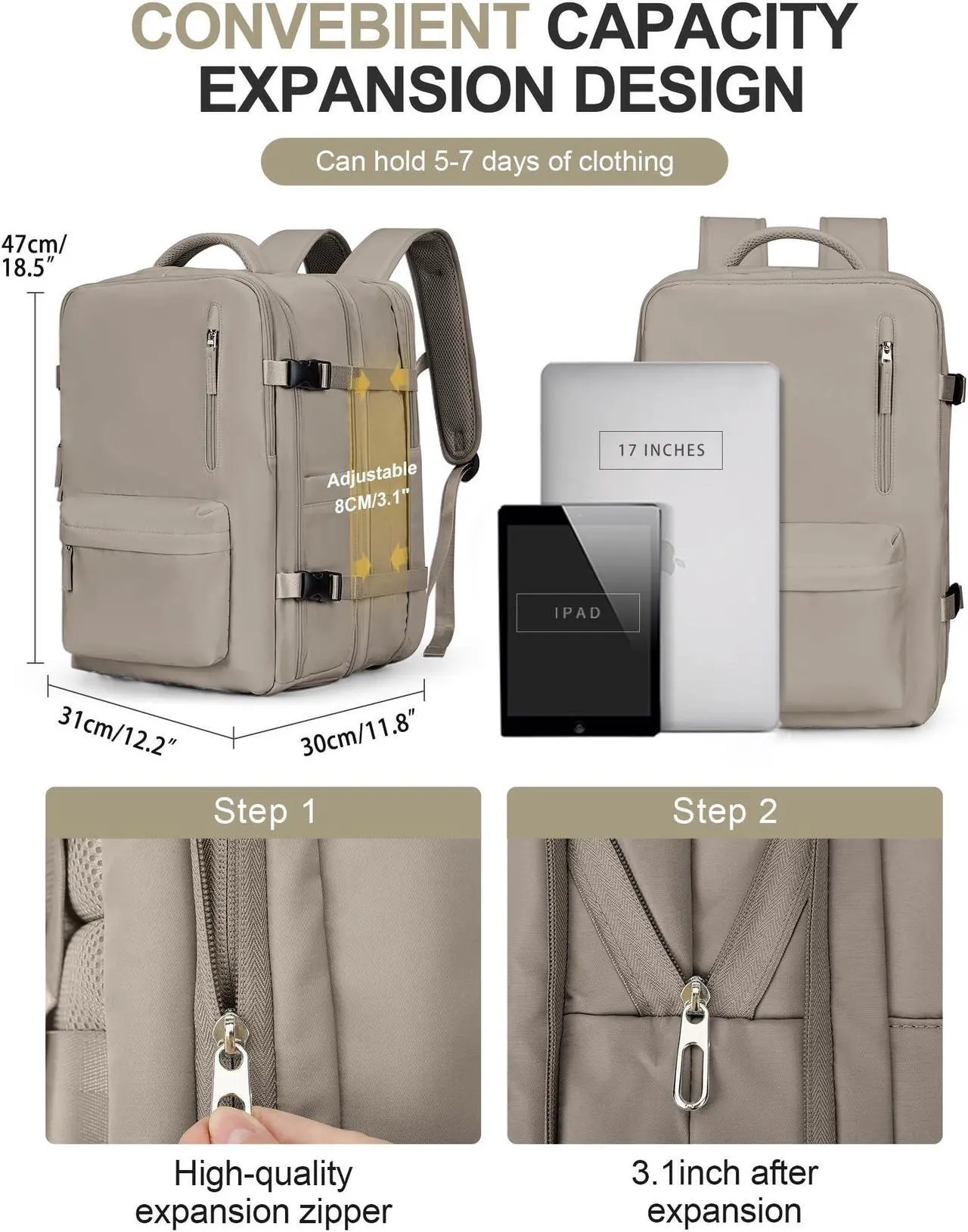 Alt view image 4 of 5 - Large Travel Laptop Backpack, Expandable Flight Approved Backpack, Carry on Backpack for Women, Waterproof 17inch Laptop Hiking Backpack with Shoe Compartment, Grey Brown