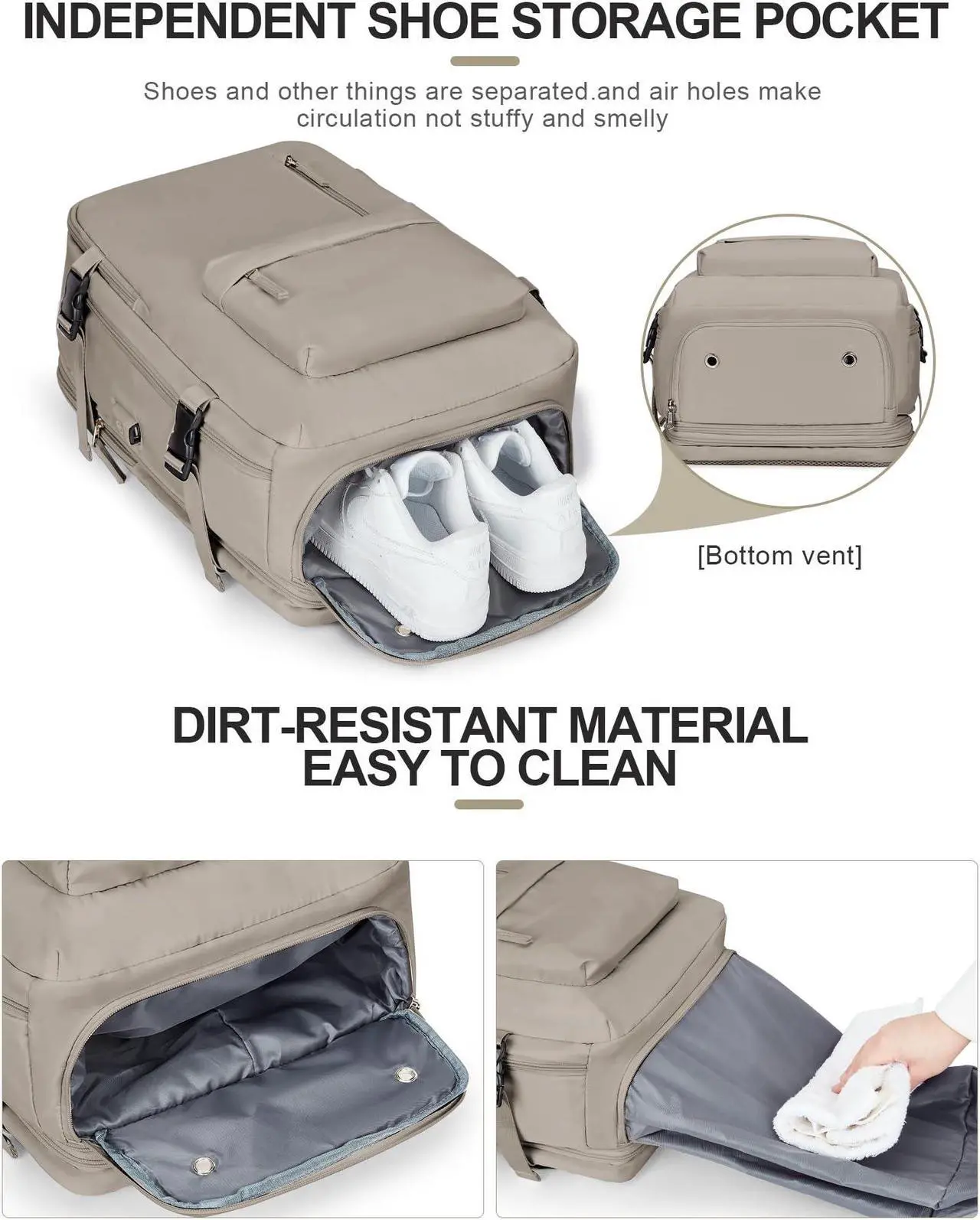 Alt view image 5 of 5 - Large Travel Laptop Backpack, Expandable Flight Approved Backpack, Carry on Backpack for Women, Waterproof 17inch Laptop Hiking Backpack with Shoe Compartment, Grey Brown