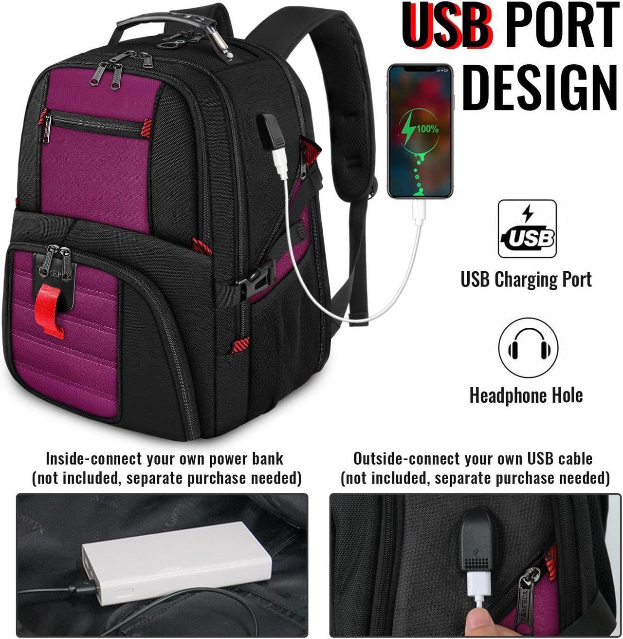 Alt view image 3 of 5 - YOREPEK Travel Backpack, Extra Large 50L Laptop Backpacks for Men Women, Water Resistant College Backpack Airline Approved Business Work Bag with USB Charging Port Fits 17 Inch Computer, Purple