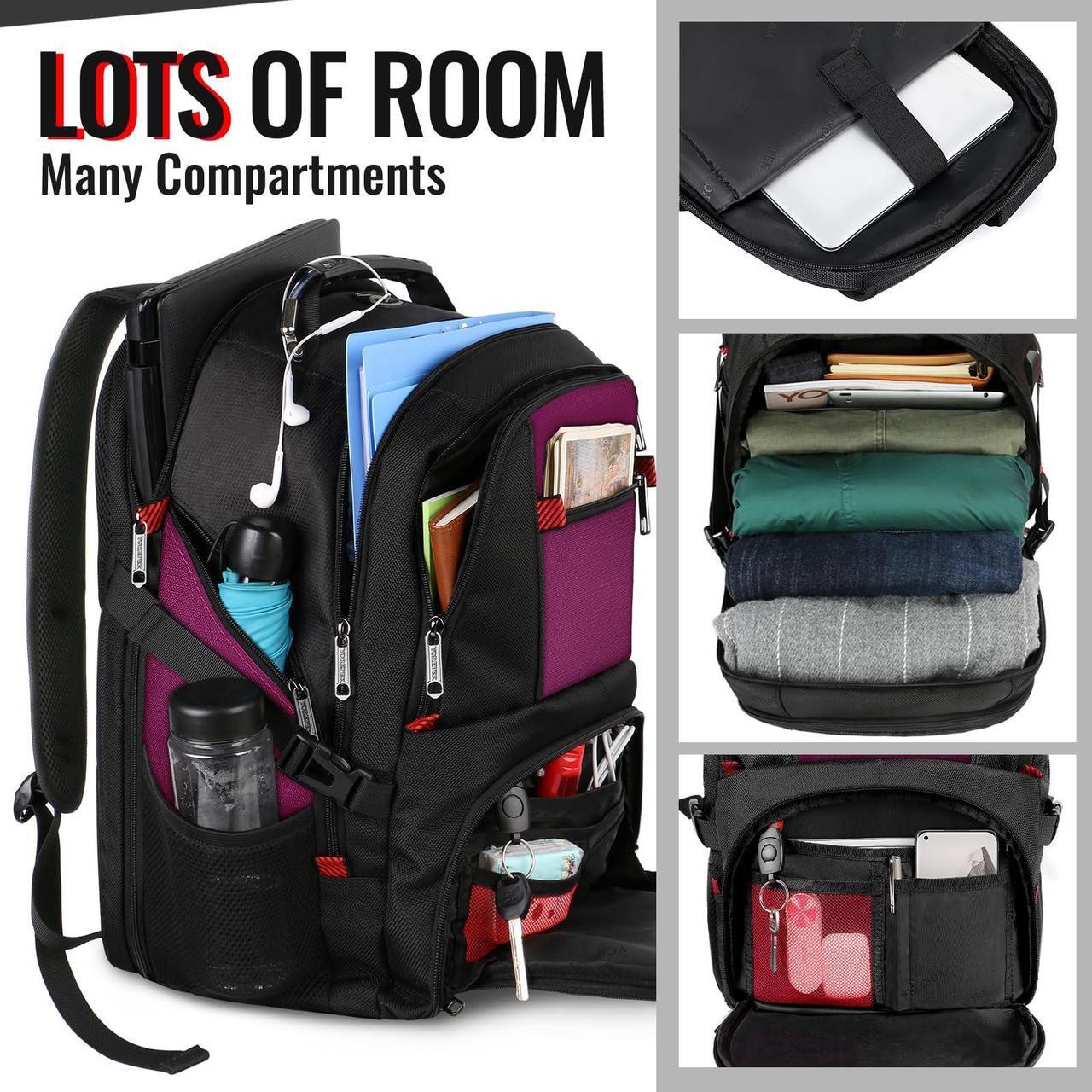 Alt view image 2 of 5 - YOREPEK Travel Backpack, Extra Large 50L Laptop Backpacks for Men Women, Water Resistant College Backpack Airline Approved Business Work Bag with USB Charging Port Fits 17 Inch Computer, Purple