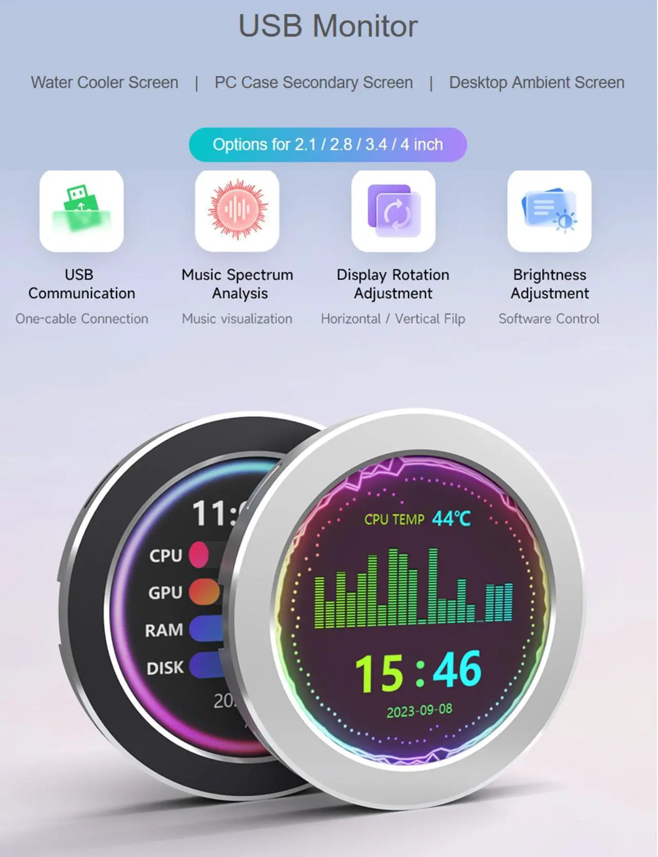 Alt view image 2 of 5 - 2.1inch USB Monitor 480×480 Pixel-Water Cooler Screen/PC Case Secondary Screen/Desktop RGB Ambient Screen, with Music Spectrum Analysis Function, Various Data Monitoring, CNC Metal Case, Silver