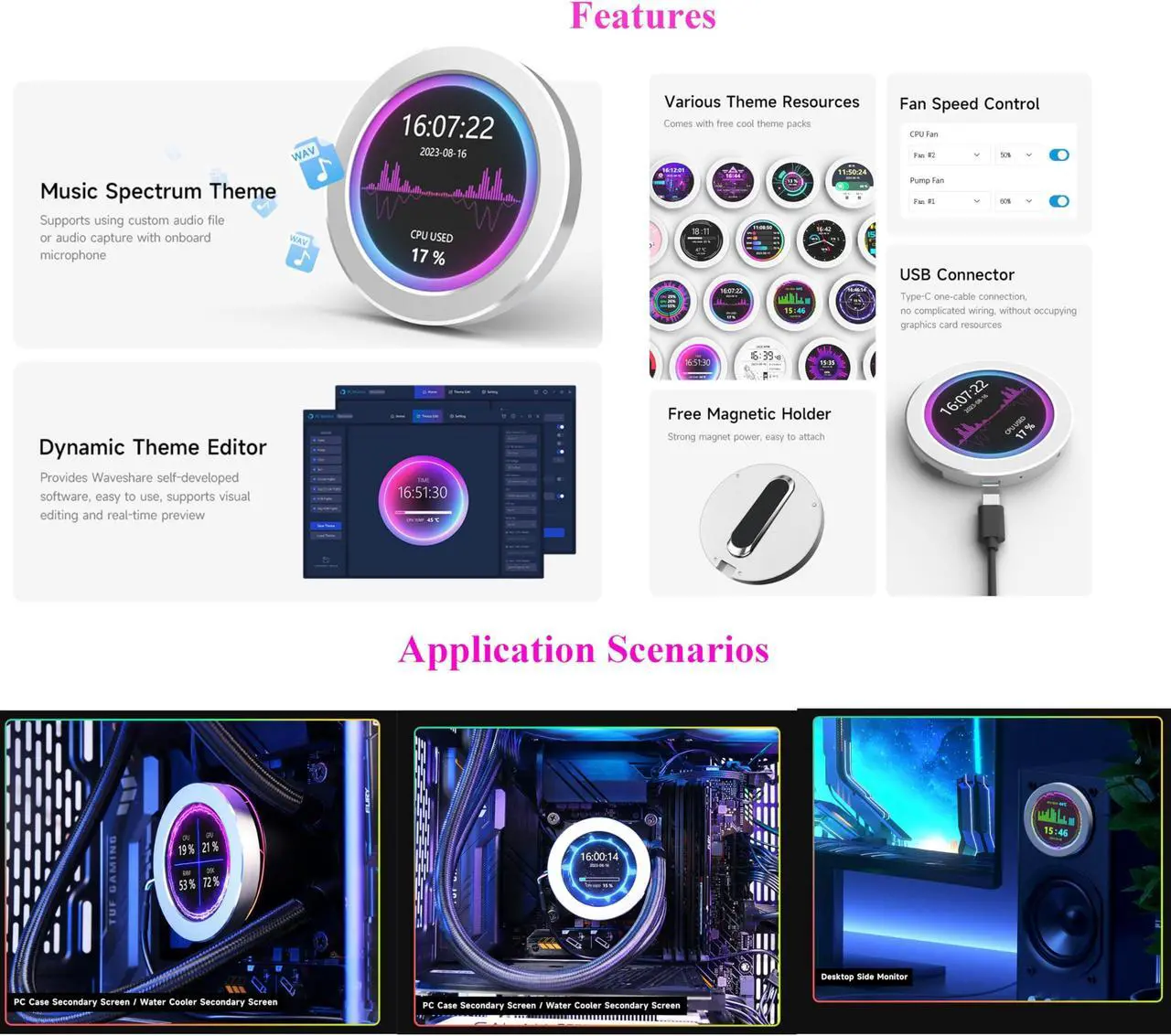 Alt view image 4 of 5 - 2.1inch USB Monitor 480×480 Pixel-Water Cooler Screen/PC Case Secondary Screen/Desktop RGB Ambient Screen, with Music Spectrum Analysis Function, Various Data Monitoring, CNC Metal Case, Silver