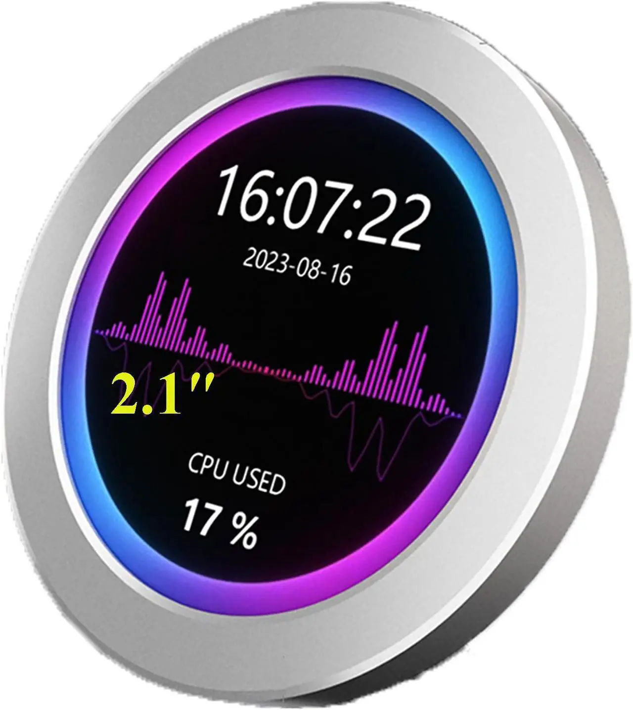 Main image of 2.1inch USB Monitor 480×480 Pixel-Water Cooler Screen/PC Case Secondary Screen/Desktop RGB Ambient Screen, with Music Spectrum Analysis Function, Various Data Monitoring, CNC Metal Case, Silver
