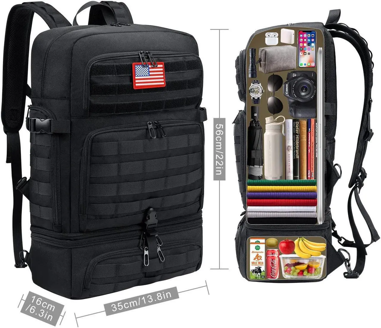 Alt view image 2 of 5 - BERTASCHE Lunch Backpack for Men, 17 inch Laptop Backpack for Work Travel Camping Tactical Molle Daypack, Black