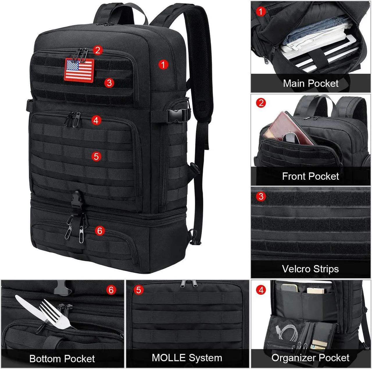 Alt view image 3 of 5 - BERTASCHE Lunch Backpack for Men, 17 inch Laptop Backpack for Work Travel Camping Tactical Molle Daypack, Black
