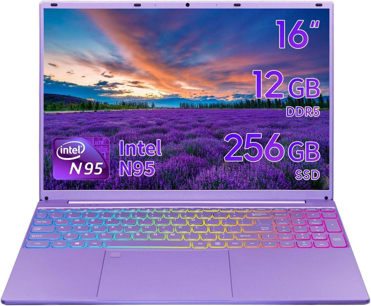 Main image of BINTEC Laptop Computer,16 Inch Narrow Bezels FHD IPS Display,Intel N95 (Up to 3.4Ghz),12GB DDR5,Windows 11 Laptop with Quad-Core,Color Backlit KB/Fingerprint Unlock/USB/Bluetooth(Purple/256GB)