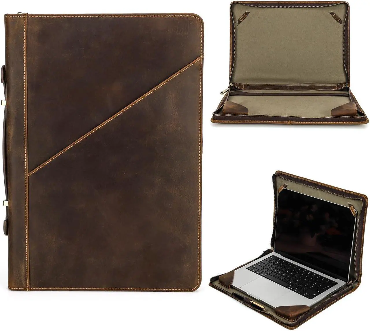 Main image of CataPurus Top Grain Leather 16.2" Slim Laptop Zipper Folio Case Bag, Handmade & 2 Pockets, Compatible with MacBook Pro 16.2" A2485 M1 Max 15" Touch Bar A2141 A1707 Pro 16" Touch ID, Coffee 16.2 Inch